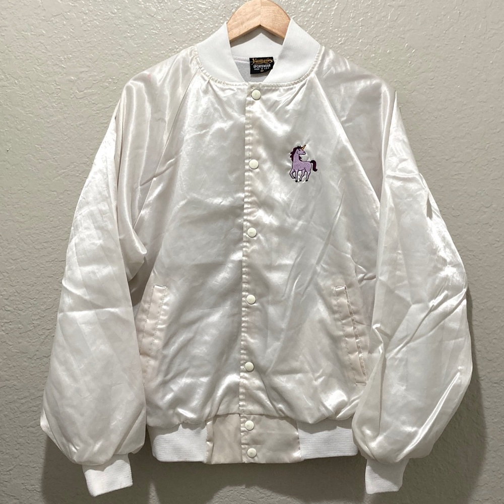 Vintage Nemesis Sportswear Lavender Unicorn White Satin Bomber Jacket, size M